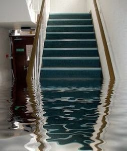 Flooded staircase and hallway