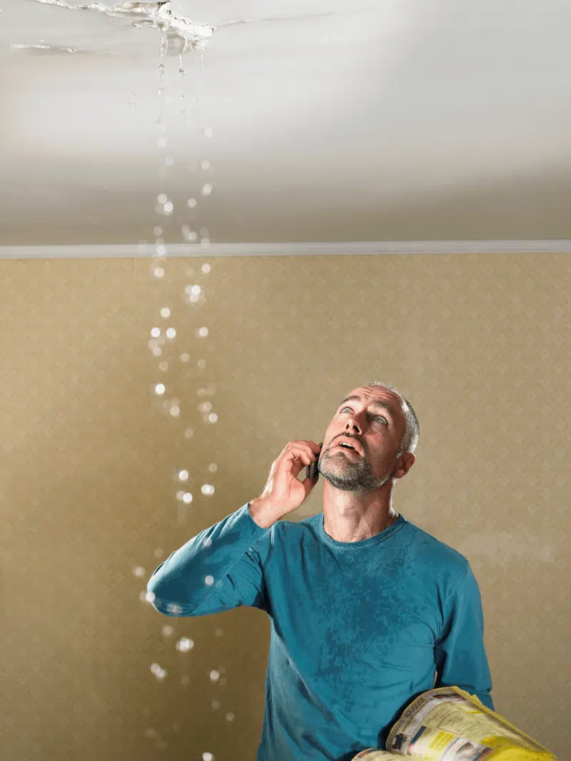 Man looking at water coming through ceiling holding yellow pages