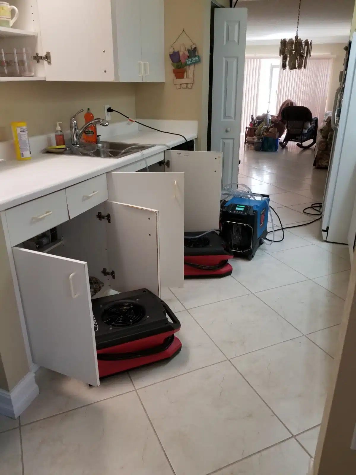 Structural drying kitchen cabinets after pipe burst