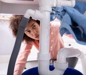 Woman Using Napkin Under Leakage Sink Pipe