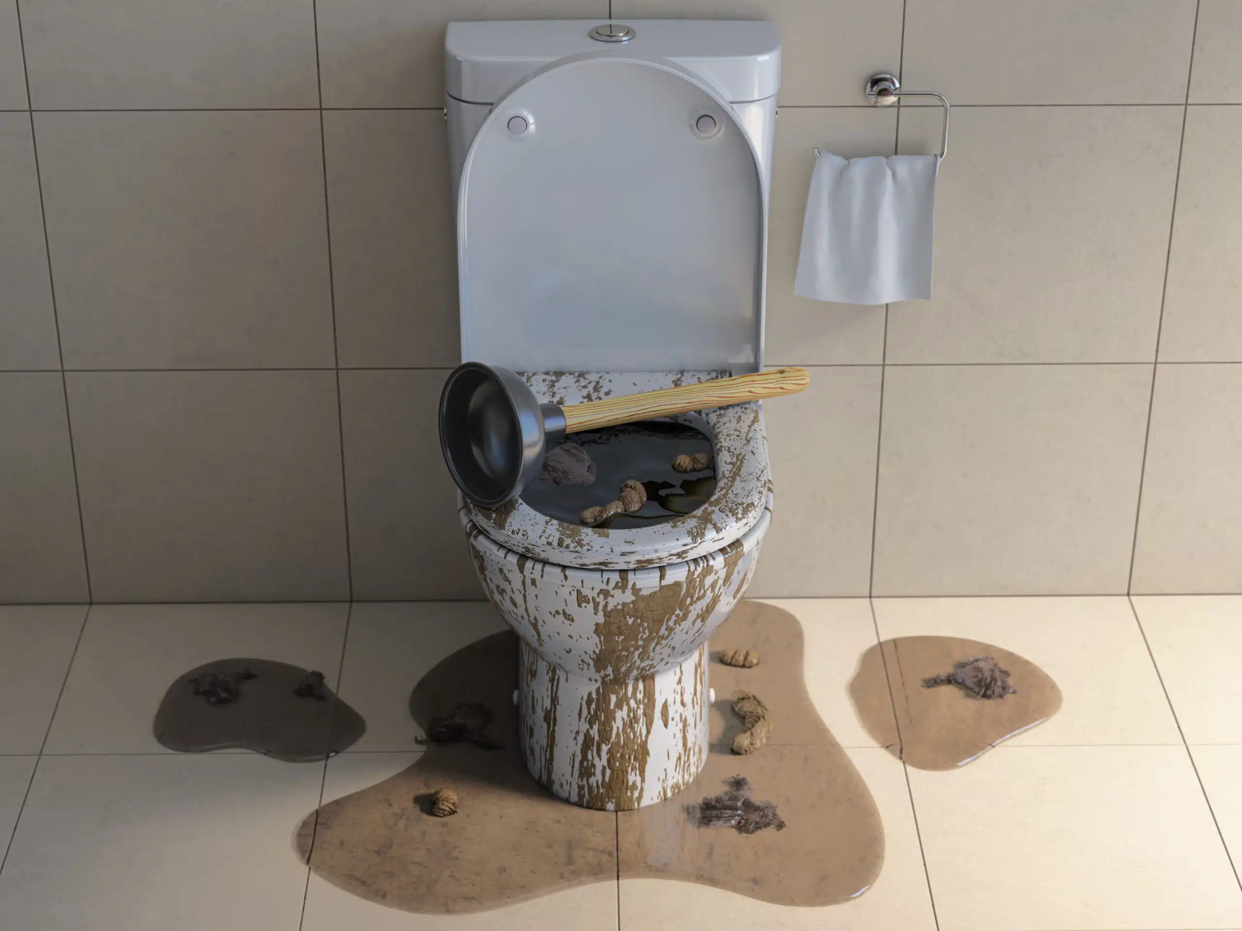 Clogged overflowing toilet bowl with rubber plumber.