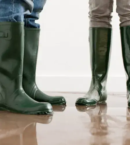 Two people in gum boots assessing House Flood